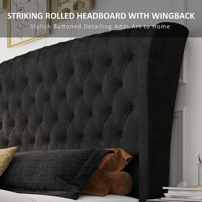 Queen Size Upholstered Sleigh Bed Frame with Wingback Headboard4