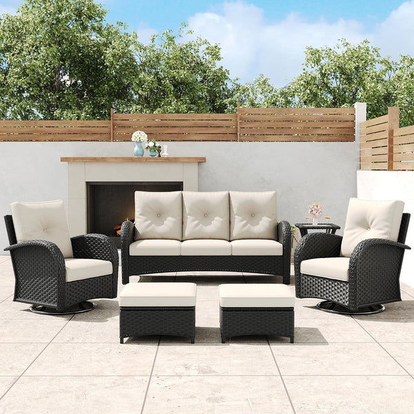 6 Pieces Outdoor Wicker Patio Swivel Rocking Chairs, All Weather Wicker Conversation Set with Side Table2