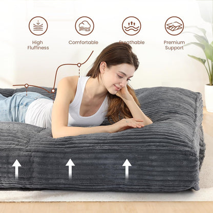 10" Futon Mattress Queen Size,Futons Sofa Couch Bed with Straps, Thick Corduroy Floor Mattress for Adults, Roll up Folding Mattress Shredded Foam Filling, Medium Firm (Gray, Full)4