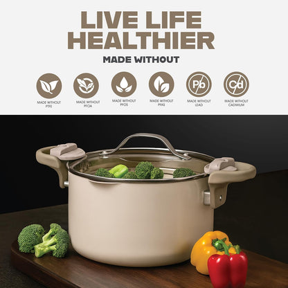 5 Qt Stock Pot Multipurpose Pasta Pot with Strainer Lid | Twist and Lock Handles, Non Toxic Ceramic Non Stick Coating, for Cooking Soup, Spaghetti, Rice, Dishwasher Safe - Cream4
