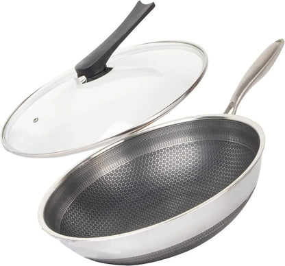 12.5" 316L Stainless Steel Honeycomb Non Stick Wok Pan Stir-Fry Wok with Lid,Skillet with Stay-Cool Handle PFOA Free Suitable for Induction, Ceramic, Electric, and Gas Cooktops1