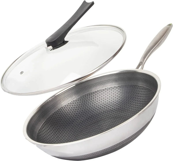 12.5" 316L Stainless Steel Honeycomb Non Stick Wok Pan Stir-Fry Wok with Lid,Skillet with Stay-Cool Handle PFOA Free Suitable for Induction, Ceramic, Electric, and Gas Cooktops1
