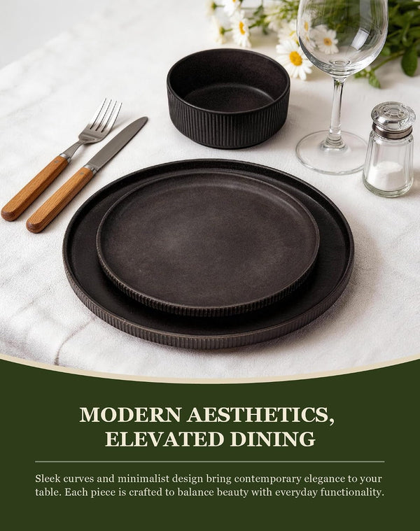 24-Piece Dinnerware Set for 6 with Bowl, Ribbed Stoneware Plates and Bowls Sets, Unique Handcrafted Reactive Glaze, Chip and Scratch Resistant Dish Set, Microwave & Dishwasher Safe, Black9
