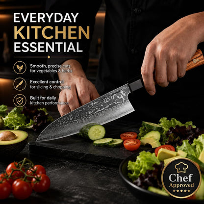 8 Inch Damascus Chef Knife | 67 Layer VG10 Japanese Kitchen Knife | Razor Sharp High Carbon Steel Blade | Octagonal Ebony Wood Handle | Professional Cooking Knife for Meat Vegetables Fish7