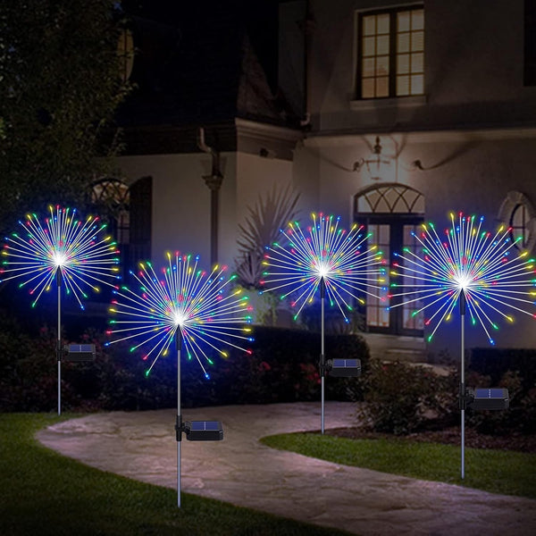 Solar Garden Lights - 4 Pack 120 LED Starburst Lights, Outdoor Waterproof, 18 Hrs Working Time, Decor for Courtyard, Garden, Christmas Party (Warm White) (Colorful)4