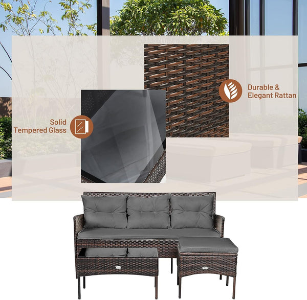 3 Pieces Patio Furniture Sectional Set, Rattan Wicker Conversation Set W/ 5 Cozy Seat & Back Cushions, Tempered Glass Coffee Table for Poolside, Balcony, Backyard Outdoor Furniture (Gray)4