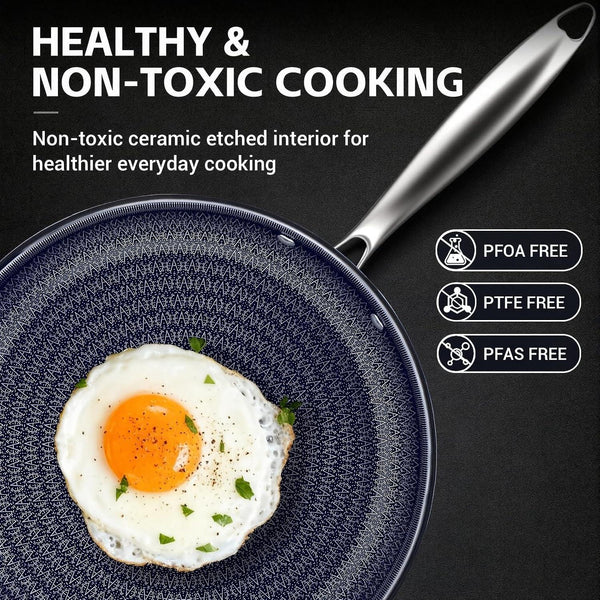 3 Pcs Non Stick Frying Pans Set, 8", 10", 12" Stainless Steel Pans | Skillet and Frying Pans Nonstick, Stay Cool Handle, PFOA/PFAS/PTFE Free, Dishwasher & Oven Safe, Induction Compatible, Blue8