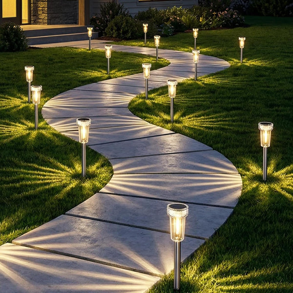 12 Pack Solar Pathway Lights Outdoor, Solar Powered Garden Lights Auto On/Off, Waterproof Stainless Steel Pole Landscape Lighting for Path, Yard, Walkway, Driveway Decor - Warm White1