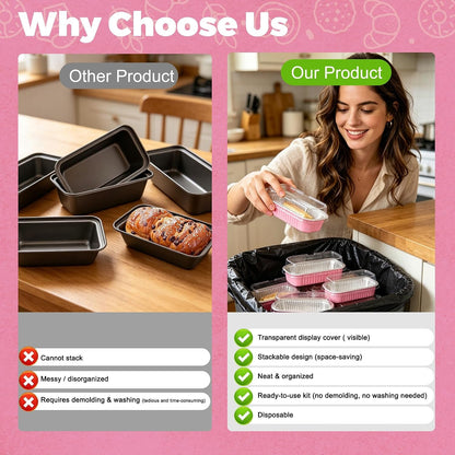 Mini Loaf Pans with Lids, 50 Pack Pink 6.8Oz for Party Favors | Fits Tartlets, Pudding Desserts, Loaf Slices and Sweet Samples; Single-Base Workflow Helps Limit Dish Handling.7