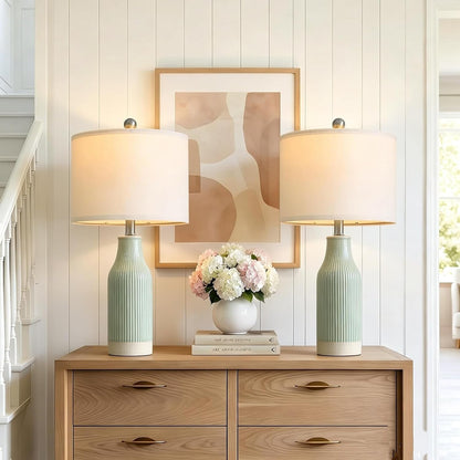 23.75" Modern Green Ceramic Table Lamp Set of 2 for Living Room, Farmhouse Bedside Nightstand Lamp for Bedroom Home Office Dorm1