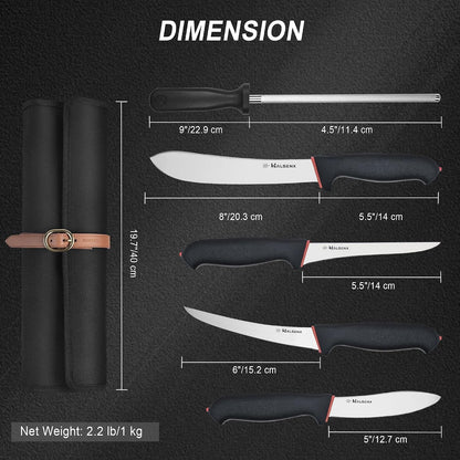 6PCS Butcher Knife Set, 8" Butcher & 6" Boning Knives with Roll Bag | Breaks, Bones & Skins Meat,Roll Bag for Storage and Travel,Softgrip Handles for Steady Grip,Full Set for Kitchen and Field.6