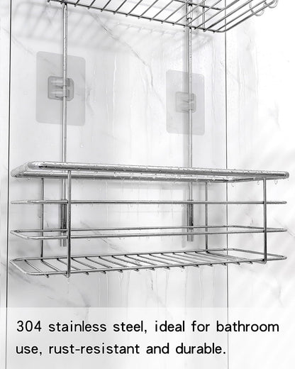 Hanging Shower Caddy, Stainless Steel, 2-Tier Bathroom Organizer Rack over Shower Head with 2 Hooks for Razor and Sponge5