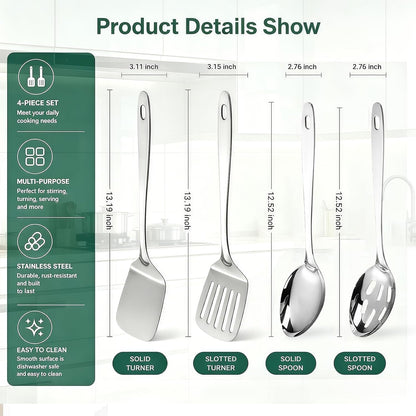 Stainless Steel Spatula Spoon Set, 4PCS Large Cooking Utensils Set with Thickened Edge, Heat Resistant Cooking Spatula Set, Metal Solid and Slotted Turners, Serving Spoon6