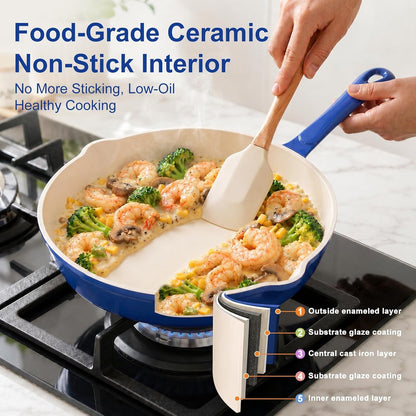 Nonstick Enameled Cast Iron Cookware | 3-Piece Skillet Set (8", 9.5" & 11"), Healthy Non-Toxic, PFOA PFAS PTFE Free, All Stovetops Compatible, Blue3