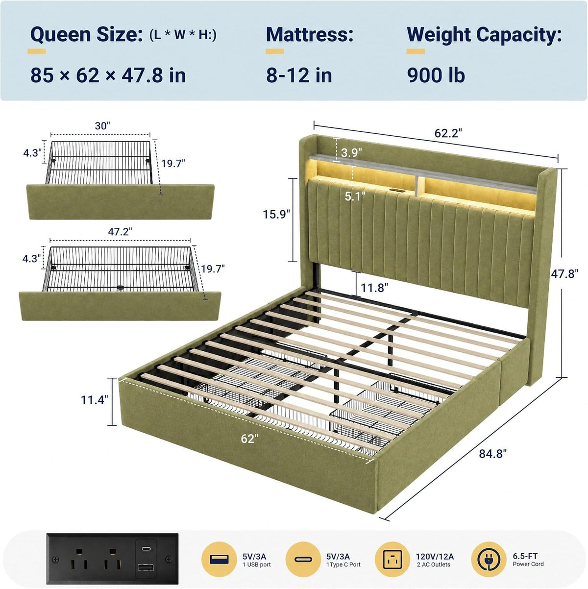 queen-upholstered-platform-bed-frame-with-3-spacious-storage-drawers-built-in-led-lights-charging-station-vertical-tufted-headboard-with-shelf-no-box-spring-needed-velvet-green