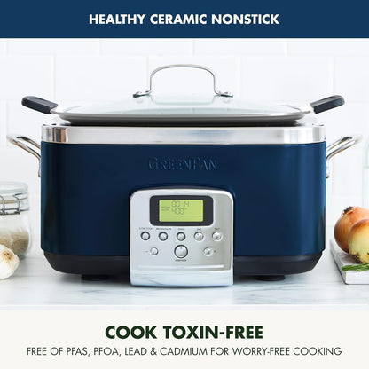 Elite 8-In-1 Programmable 6QT Electric Slow Cooker,Dishwasher Safe Lid & Removable Crock, Pfas-Free Healthy Ceramic Nonstick Multi-Cooker,Sear, Sauté,Brown,Steam Basket,Roast, Oxford Blue2