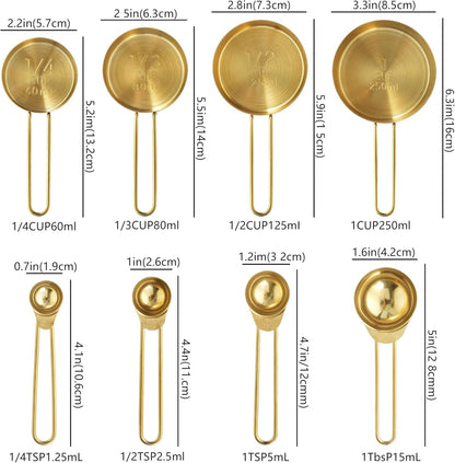 Measuring Cups and Spoons Set, Kaloo 8PCS Stainless Steel Metal Measuring Cups, Gold Finish, Ideal for Cooking and Baking2