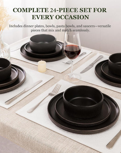 24-Piece Dinnerware Set for 6 with Bowl, Ribbed Stoneware Plates and Bowls Sets, Unique Handcrafted Reactive Glaze, Chip and Scratch Resistant Dish Set, Microwave & Dishwasher Safe, Black2