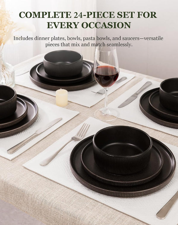 24-Piece Dinnerware Set for 6 with Bowl, Ribbed Stoneware Plates and Bowls Sets, Unique Handcrafted Reactive Glaze, Chip and Scratch Resistant Dish Set, Microwave & Dishwasher Safe, Black2