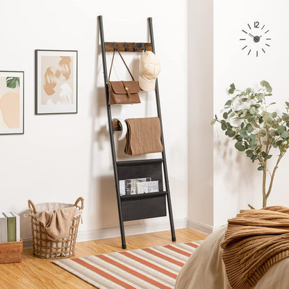 Blanket Ladder, 5 Tier Towel Rack, 17.3" L X 63" H, Wall-Leaning Blanket Rack for Living Room, Decorative Ladder with 4 Hooks and Magazine Pocket, Rustic Brown BF32CJ012