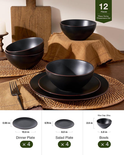 Venus Plates and Bowls Sets, 12Pcs Stoneware Dinnerware Set for 45
