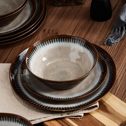 Melamine Dinnerware Set, 12 Pcs Dishware Sets, Plate and Bowl Set Service for 4, Lightweight and Unbreakable Dinnerware Sets for Camping, Great for RV, Dishwasher Safe, Sahara Beige and Blue4
