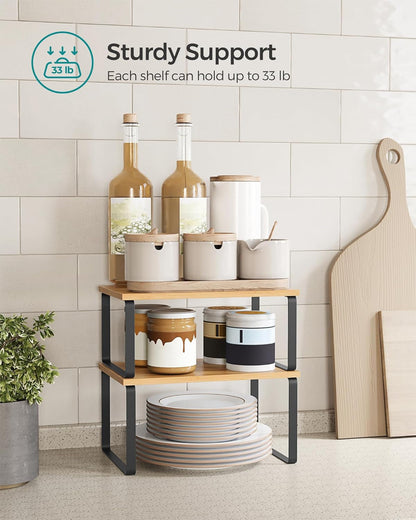 SONGMICS Cabinet Organizer Shelf, Set of 2 Spice Rack, Kitchen Storage | Kitchen Counter Storage Spice Rack, Steel, Bamboo, Light Bamboo and Matte Black, BYSTRO Collection UKCS02NB5