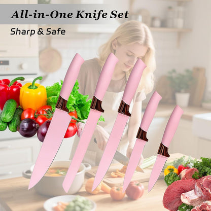 19 Piece Kitchen Utensil Set with Knife Set & Holder, Silicone Cooking Utensil Set with Wooden Handle, Heat Resistant Kitchen Tools Set for Nonstick Cookware Pink3