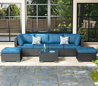 7 Piece Outdoor Patio Furniture Set, Outdoor Sectional Conversation Furniture Chair with Coffee Table, Patio Sectional for Backyard, Garden(Peacock Blue Cushion and Black Rattan)1