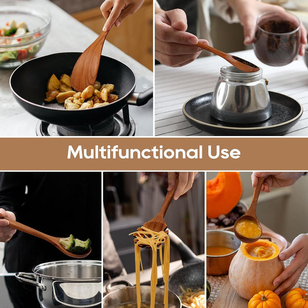 Wooden Spoons for Cooking, Nonstick Kitchen Utensils Set with 4 Piece Measuring Spoons, Comfort Grip Wooden Spatula Set, 9 Piece Teak Wooden Cooking Utensils with Holder and Spoon Rest8