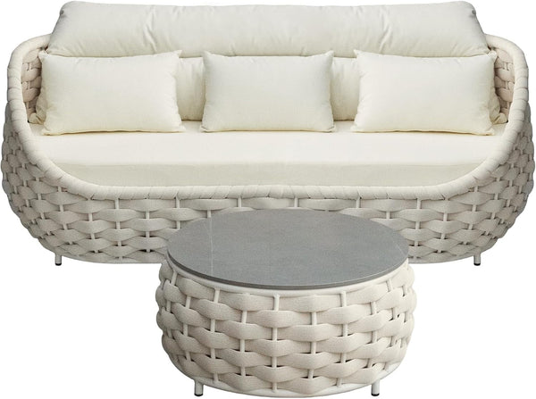 2-Piece Patio Furniture Set: Woven Rope Sofa with Coffee Table, Beige1