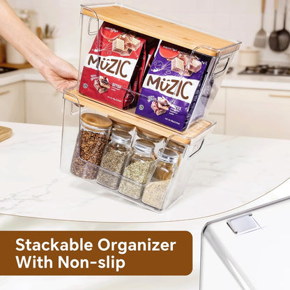 2 Set Pantry Organizers and Storage with Bamboo Lids, Stackable Clear Bins for Onion, Potato, Fruit, Vegetables, Trash Bag Dispenser, Kitchen and under Sink Organizer8