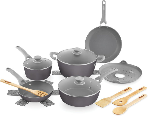 Dream Green Recycled Aluminum Cookware Set - Ceramic-Coated Nonstick and Induction Compatible - Lightweight Kitchen Essentials with Silicone Handles - Slate Gray, 15-Piece Set1