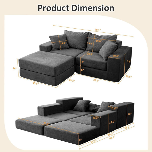 Modular Sectional Loveseat Cloud Sofa with Ottoman, Grey, 79''3