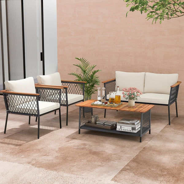 4 Piece Patio Furniture Set, Patiojoy Rattan Chair Set W/ 2-Tier Coffee Table, Acacia Wood Armrests & Tabletop, Soft Seat & Back Cushions, Outdoor Wicker Conversation Set4