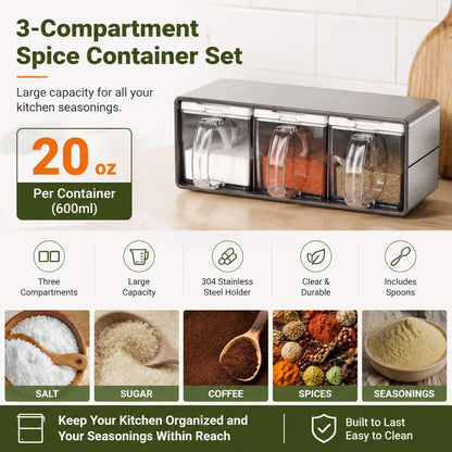 3 Grids Seasoning Organizer Box, Stainless Steel Salt Container with Lid and Spoon, Seasoning Containers with Stainless Steel Rack for Home, Kitchen, Cafe, Storing Salt, Sugar, Pepper, Spice9