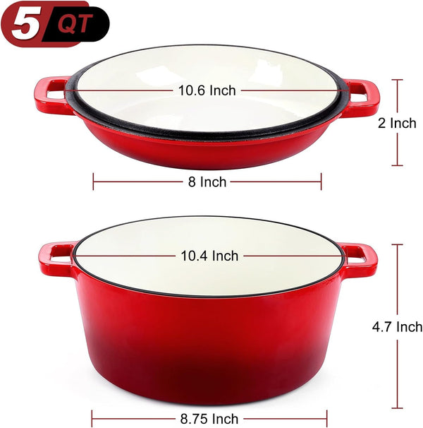 2 in 1 Red Dutch Oven Pot with Lid for Bread Baking, 5Qt | Cast Iron Bread Dutch Oven, Skillet & Pot for Roasting Braising Stewing Frying Simmering, Multi Stoves & Oven Safe2