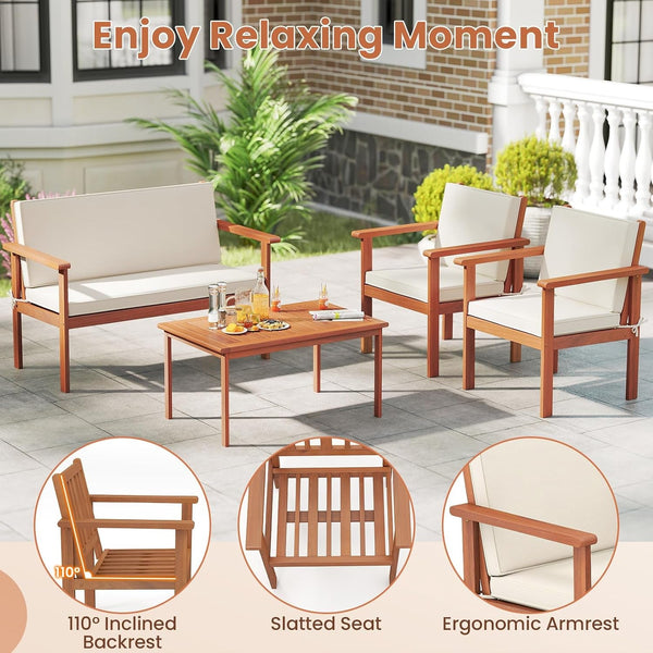 Wood Patio Furniture Set - 4-Piece Acacia Conversation Outdoor Furniture W/Chairs, Loveseat, Coffee Table, Back & Seat Cushions, Wooden Sectional Sofa Set for Porch Pool Garden Backyard (1)6