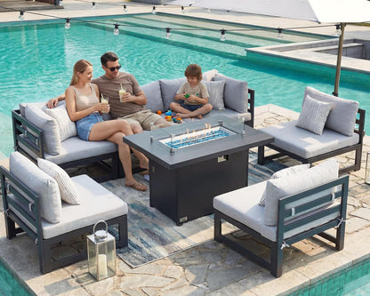 Powder Coated Aluminum Patio Furniture Set with Fire Pit Table, 7 Piece Deep Seat Extra Wide Outdoor Sectional Sofa for 6, L Shaped Luxury Large Conversation Set for Poolside, Light Gray1
