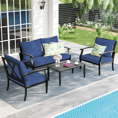 4 Piece Outdoor Patio Furniture Set, Oversized Metal Conversation Set with High Back & Deep Seating, Water-Repellent Cushions, Coffee Table for Porch, Deck, Backyard, Navy8