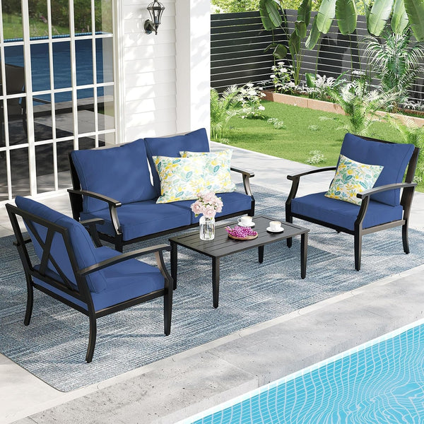 4 Piece Outdoor Patio Furniture Set, Oversized Metal Conversation Set with High Back & Deep Seating, Water-Repellent Cushions, Coffee Table for Porch, Deck, Backyard, Navy8