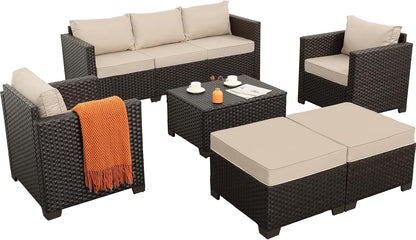 6 Pieces Patio Outdoor Furniture Outdoor Conversation Sets Wicker Sofa Set with Outdoor Couch Patio Chairs Storage Coffee Table Khaki Cushions Waterproof Covers9