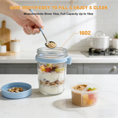 Overnight Oats Containers with Lids and Spoons - 4 Pack 16 Oz Glass Mason Jars with Separate Compartments Airtight Overnight Oat Jars Leakproof Yogurt Parfait Cup for Oatmeal Chia Pudding Cereal Salad4