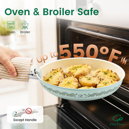 Ceramic Cookware Set Non Toxic with Detachable Handles, Healthy Nonstick Decal Pans and Pots Set 14 Pcs, Induction Dishwasher Oven Safe Kitchen Set, Light Green with Olive Branch6