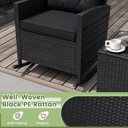3 Pieces Patio Rocking Chair, Black Wicker Bistro Set (Black)6