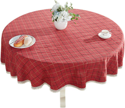 Heavy Weight Cotton Linen Tablecloth Lace Plaid round Table Cloth for Kitchen Dining Room Tabletop Decoration, 36" - Round, Red1