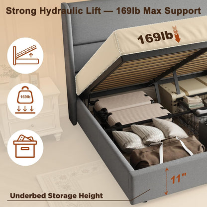 Queen Size Lift up Storage Bed Frame with 51.2" Wingback Headboard, Linen Upholstered Platform Bed, Hydraulic Support System, Reinforced Metal Structure, No Box Spring Needed, Light Grey6