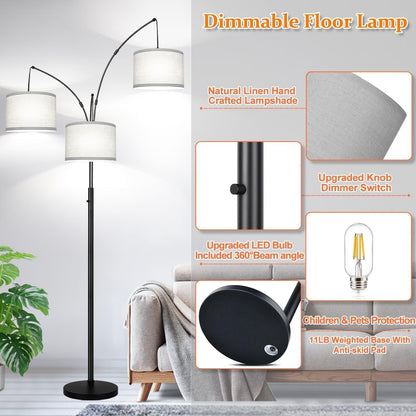 Dimmable Floor Lamp, 3 Lights Black Arc Floor Lamp, Modern Tall Standing Tree Lamp with Grey Linen Shades & Heavy Base, 3000LM LED Bulbs, Bright Lighting for Living Room, Bedroom, Office & Reading4