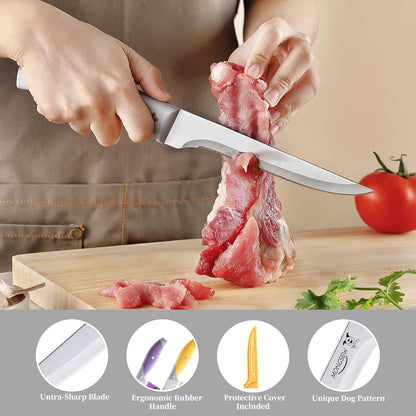 3PCS Boning Knife, German Stainless Steel Fillet Knives, 6 Inch Curved Boning Deboning Filet Fillet Knife for Meat, Fish, Poultry, Cutting, Trimming, Ergonomic Rubber Handle, Dishwasher Safe3