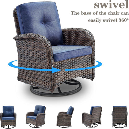 6 Piece Patio Conversation Sets - Wicker Patio Furniture Sets with Outdoor Swivel Rocker Chairs Outdoor Couch Perfect for Patio Deck Backyard, Brown Wicker Blue Cushion4